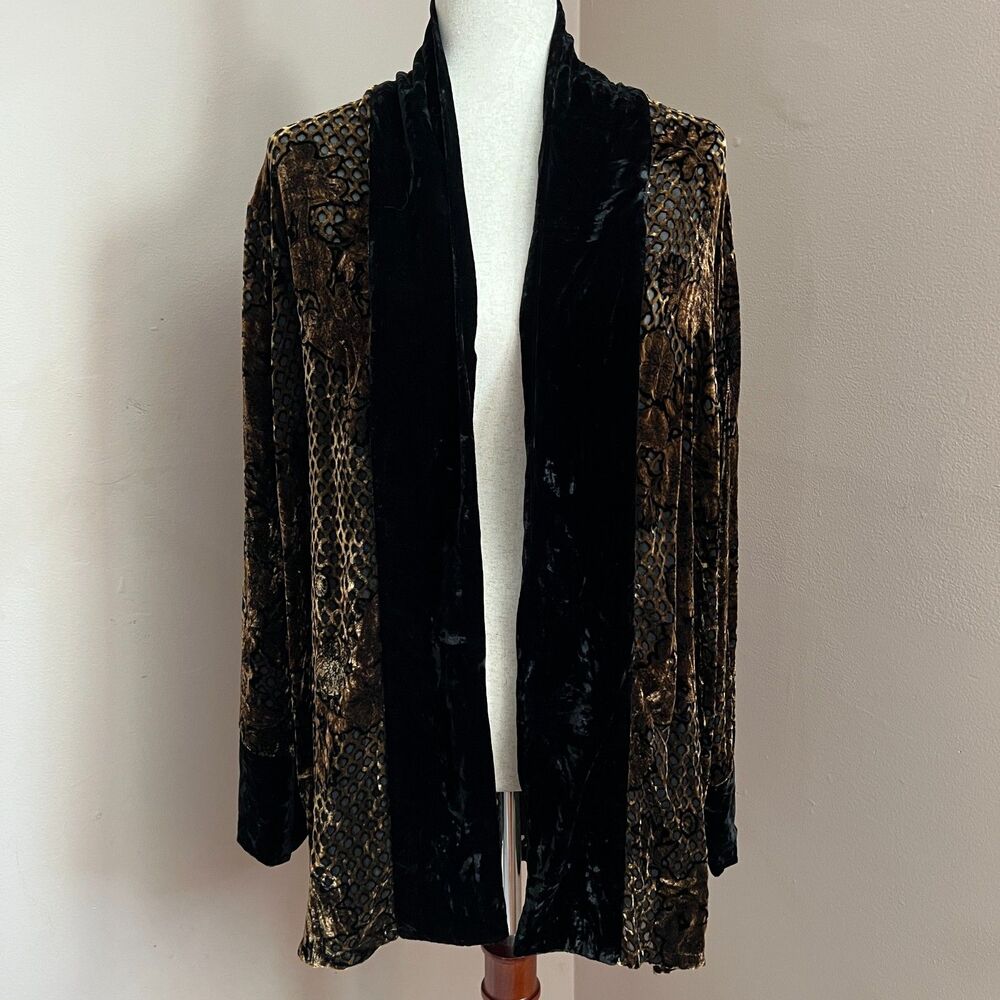 Jenny Helene Velvet Burnout Silk Blend Kimono Bohemian Artsy Size L Brown Black